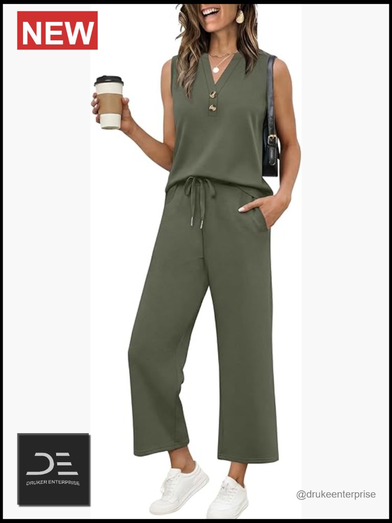Two Piece Lounge Set V-Neck Tank Wide Leg Pants Travel Outfit